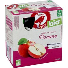 Auchan Baby Bio Gourde Puree De Fruits A La Pomme Bio Des 6 Mois 4x90g Pas Cher A Prix Auchan