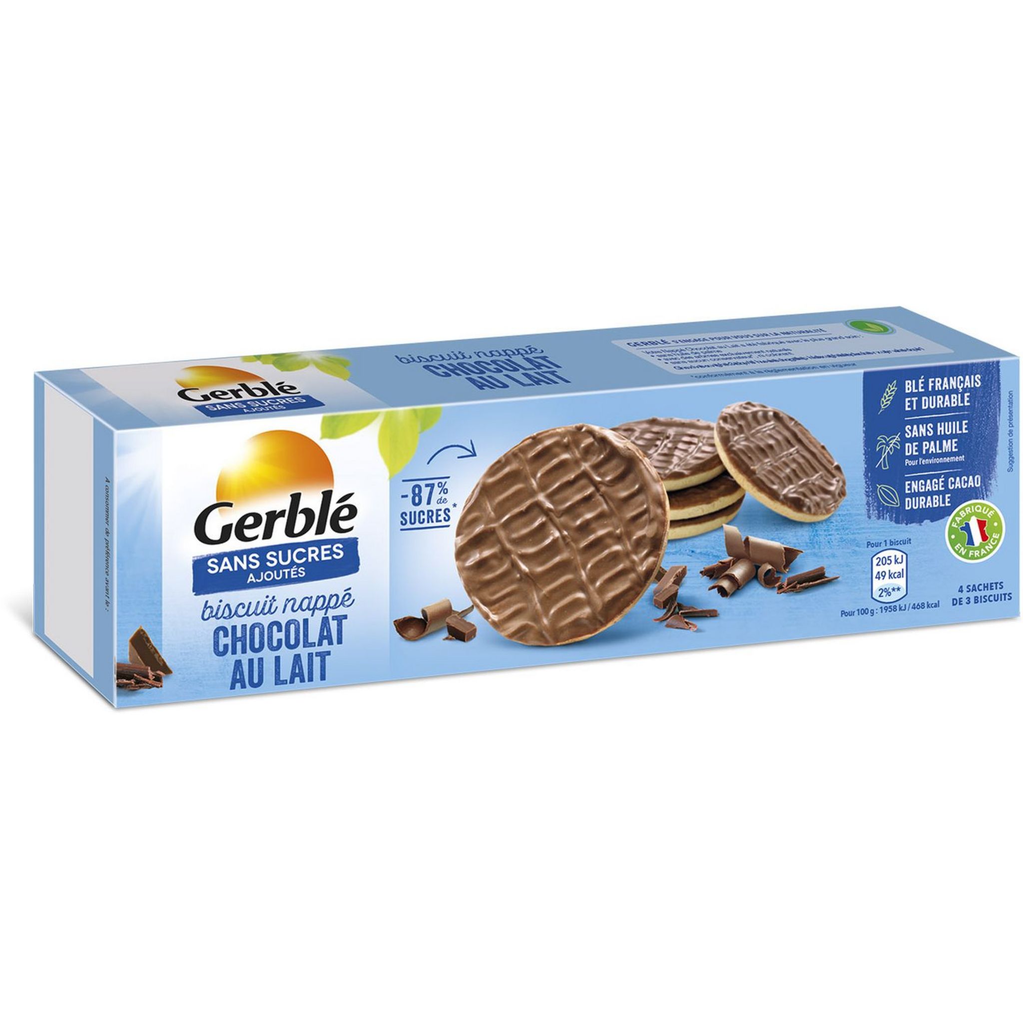 GERBLE Biscuit nappé chocolat au lait sans sucres ajoutés 125g pas cher 