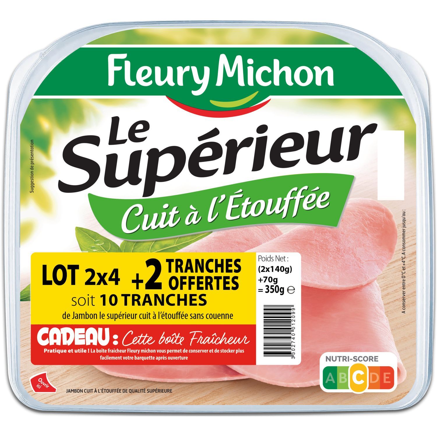 FLEURY MICHON Le supérieur jambon cuit à l'étouffée découenné sans nitrite  avec boîte fraîcheur offerte 2x4 tranches+2 offertes 350g pas cher 