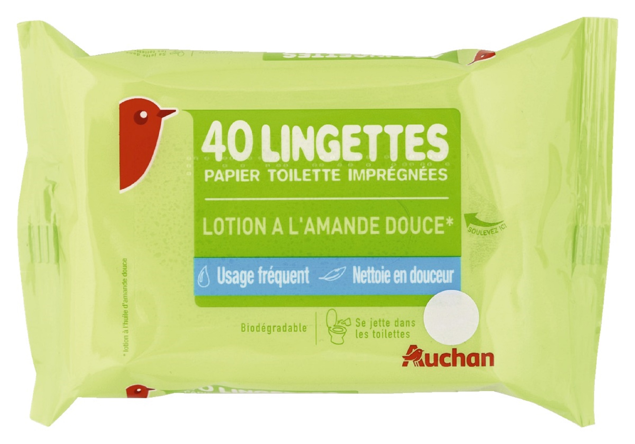 AUCHAN Lingettes papier toilette biodégradable amande douce 40