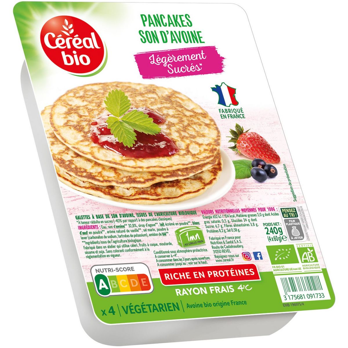 CÉRÉAL BIO Pancake son d'avoine légèrement sucré 2 pièces 240g pas cher