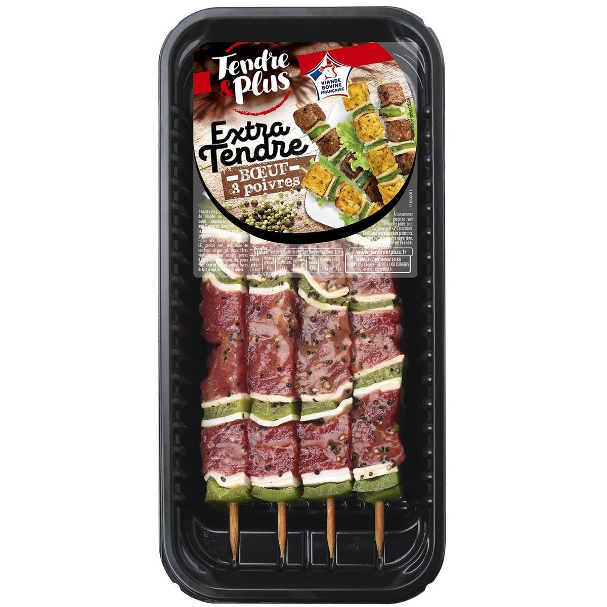 tendre plus brochettes de bœuf aux 3 poivres 4 pieces 320g pas cher a prix auchan