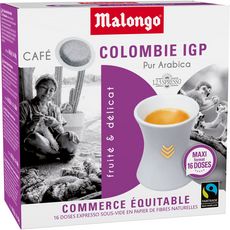 MALONGO Dosettes de café pur arabica Colombie IGP compatible Senseo 16 maxi dosettes 104g
