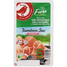AUCHAN Auchan jambon sec supérieur sans antibiotique tranche x6 4 tranches 100g