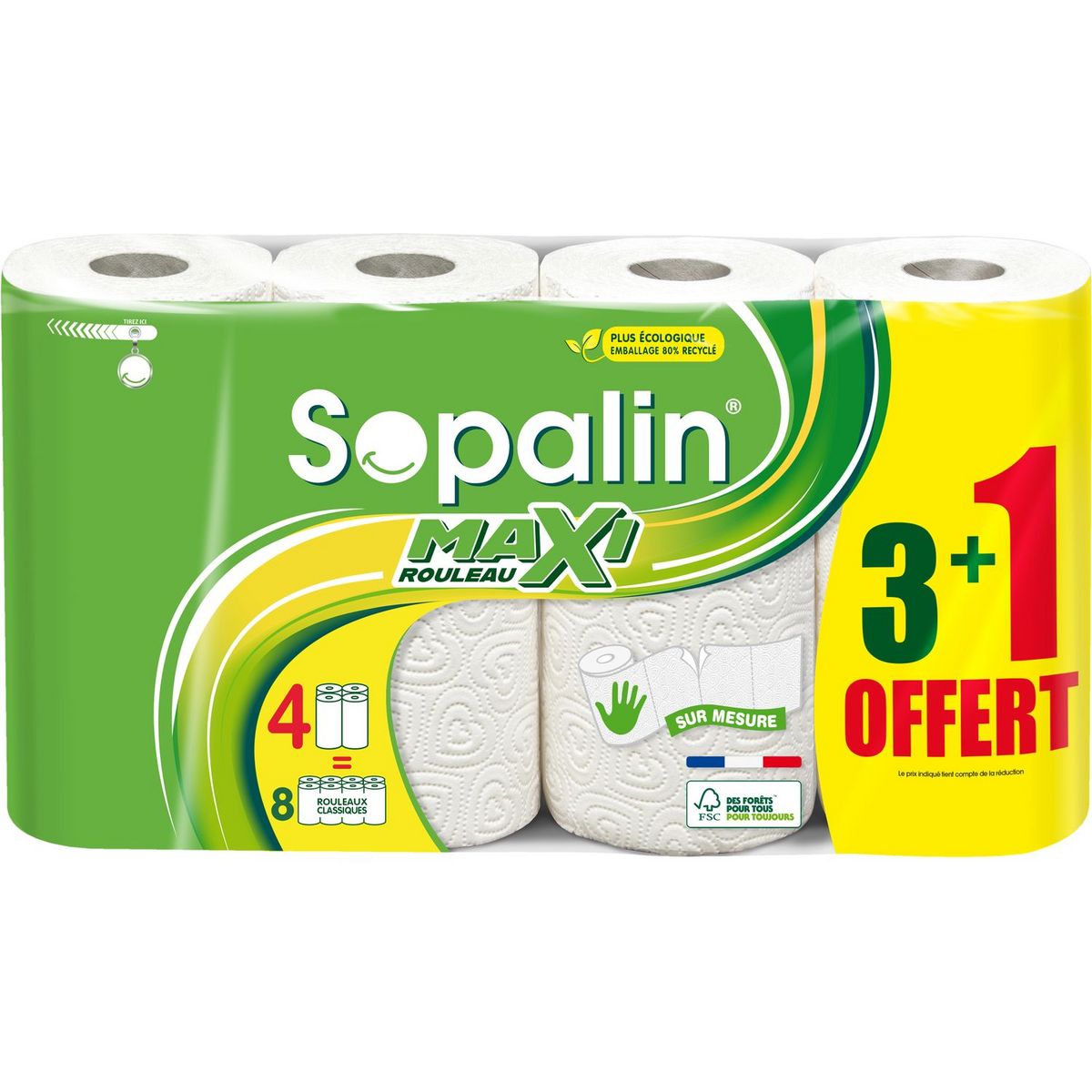 SOPALIN Essuie-tout décoré maxi rouleaux 3 rouleaux + 1 offert pas cher 