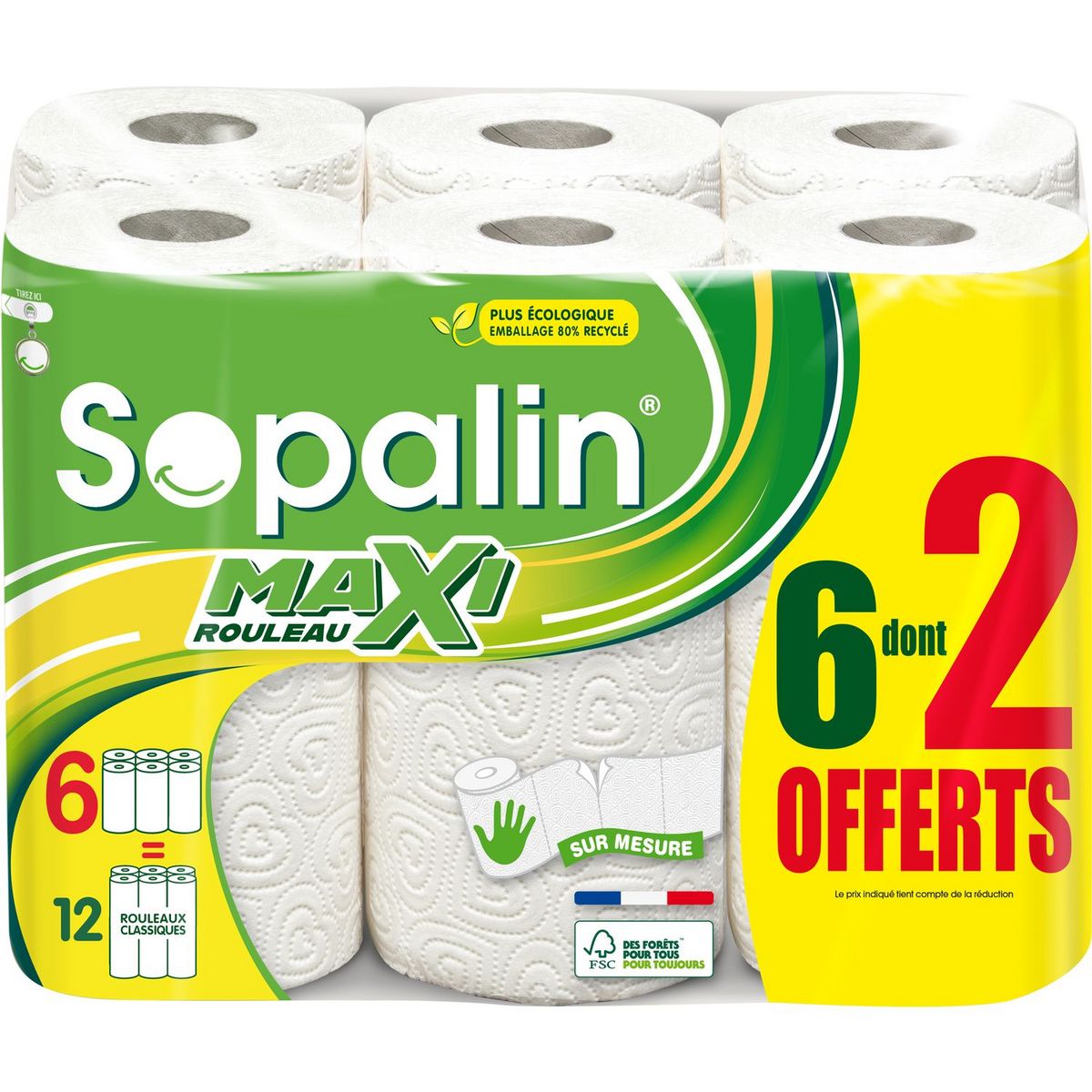 SOPALIN Sopalin essuie tout blanc sur mesure rouleau x5 +1offert = 12  standards 6 rouleaux pas cher 