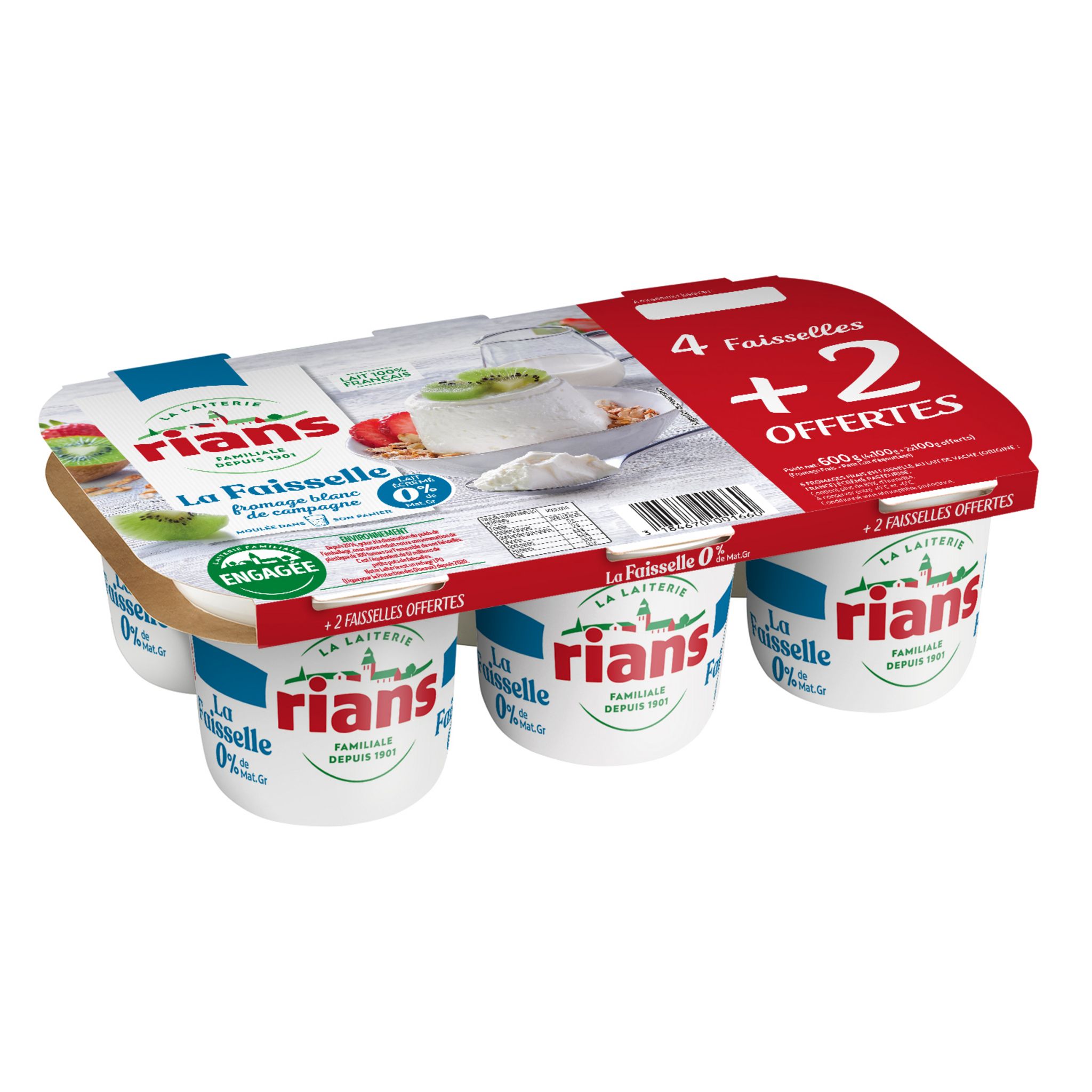 La faisselle 0% - fromage blanc de campagne - Rians - 400 g (4 x