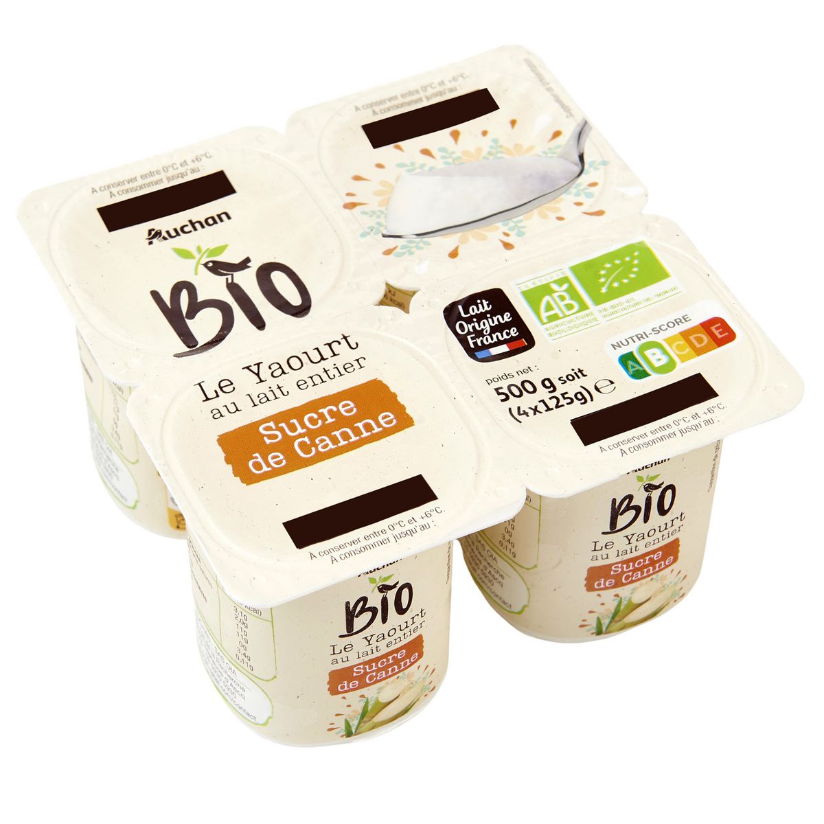 AUCHAN BIO Yaourt nature au lait entier sucré 4x125g pas cher 