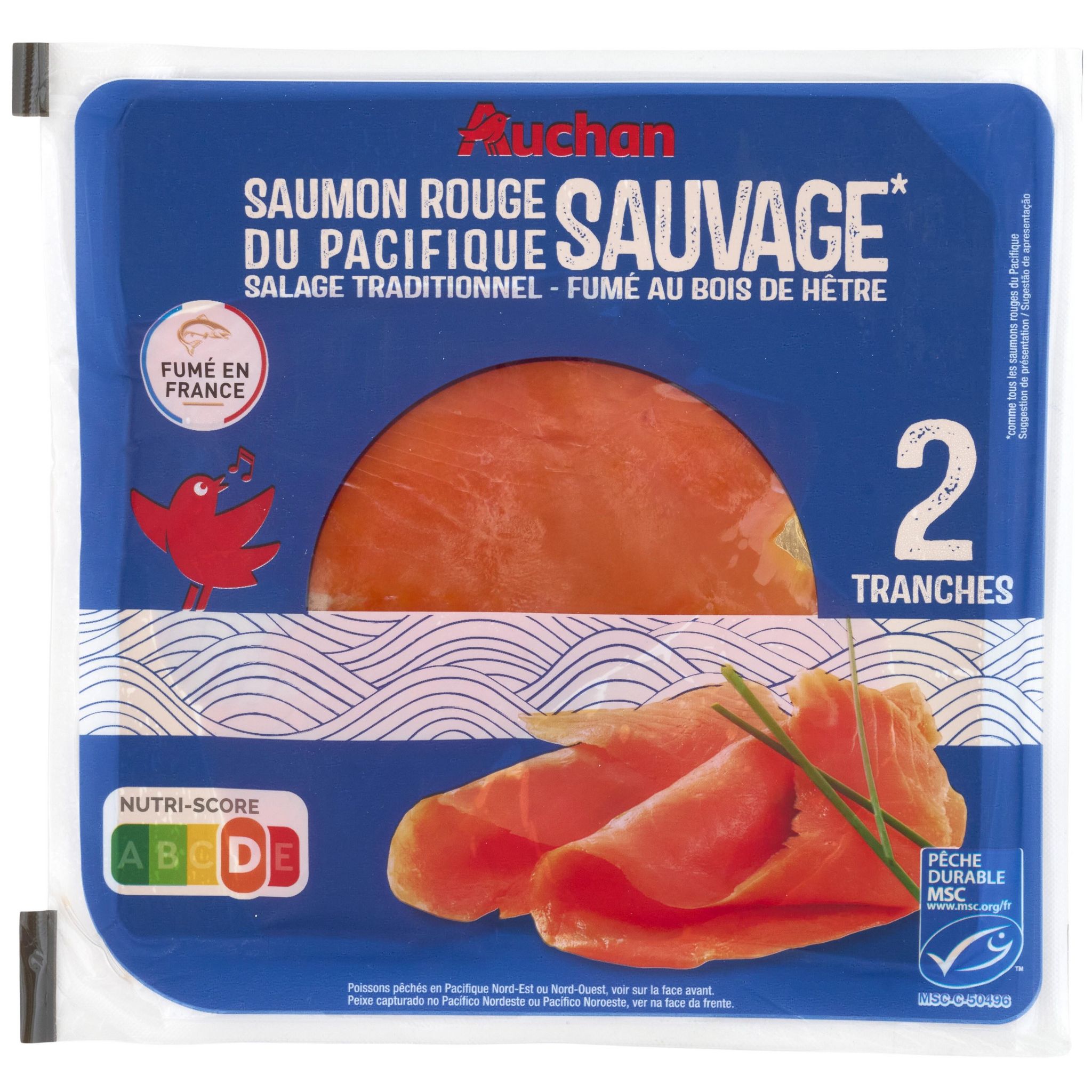 AUCHAN Saumon rouge fumé sauvage du Pacifique 2 tranches 60g pas cher 