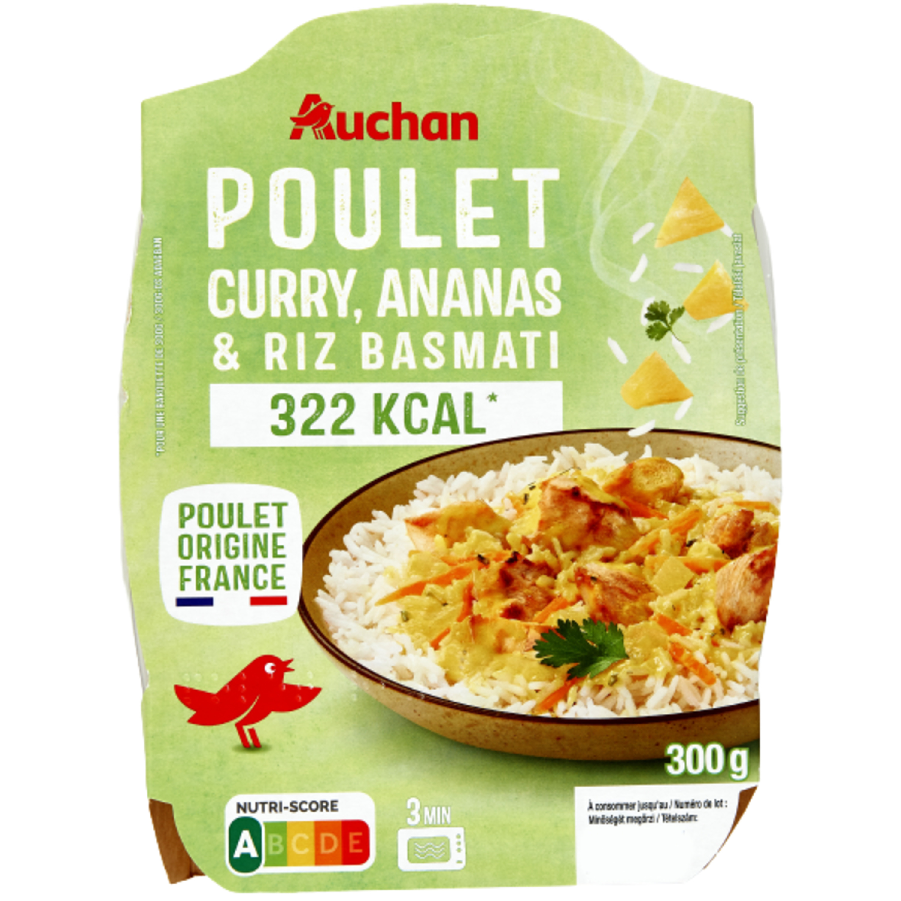 AUCHAN Poulet au curry et son riz barquette 2min au micro-ondes 1