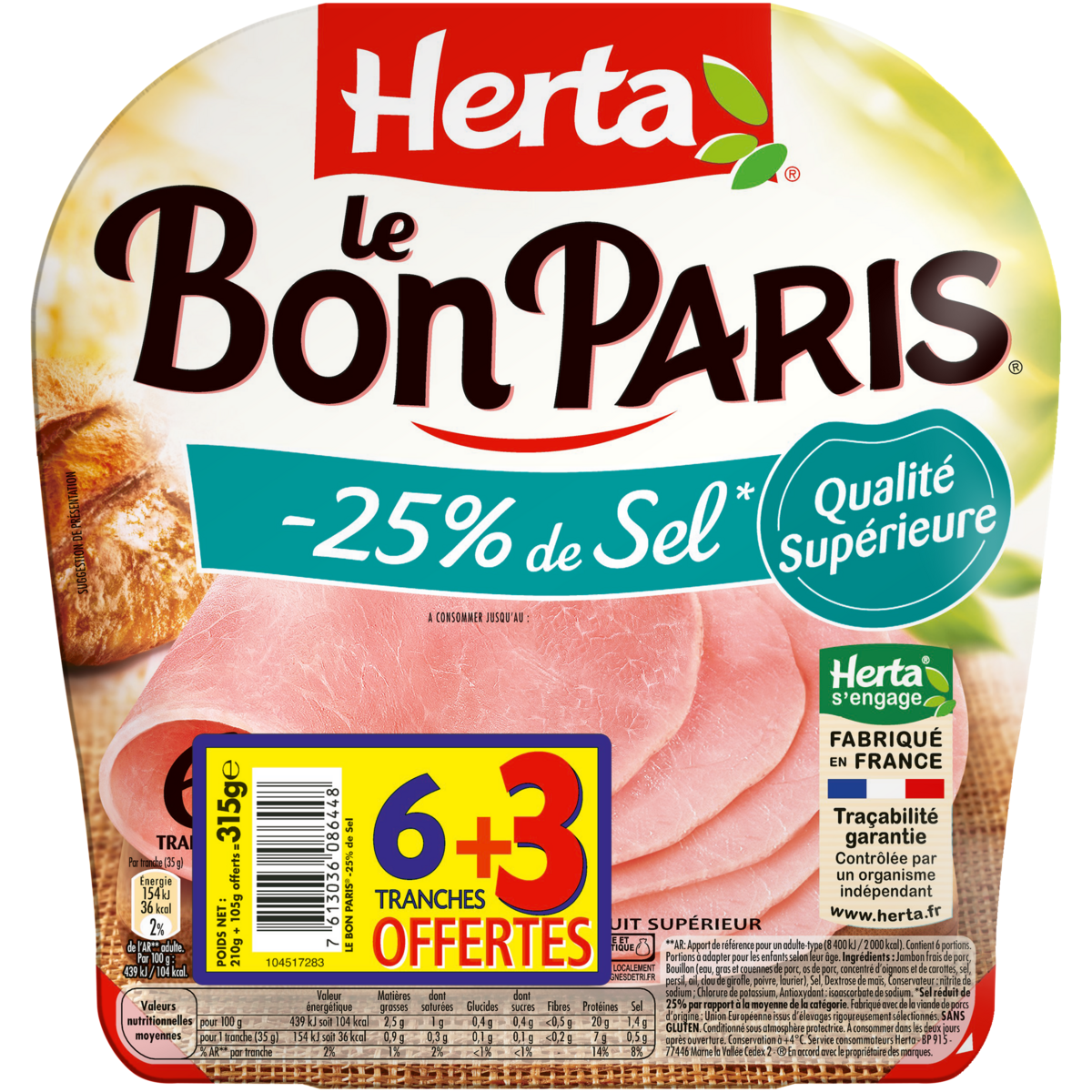 HERTA Bon Paris tranches de jambon taux sel réduit 6+3 offertes 315g