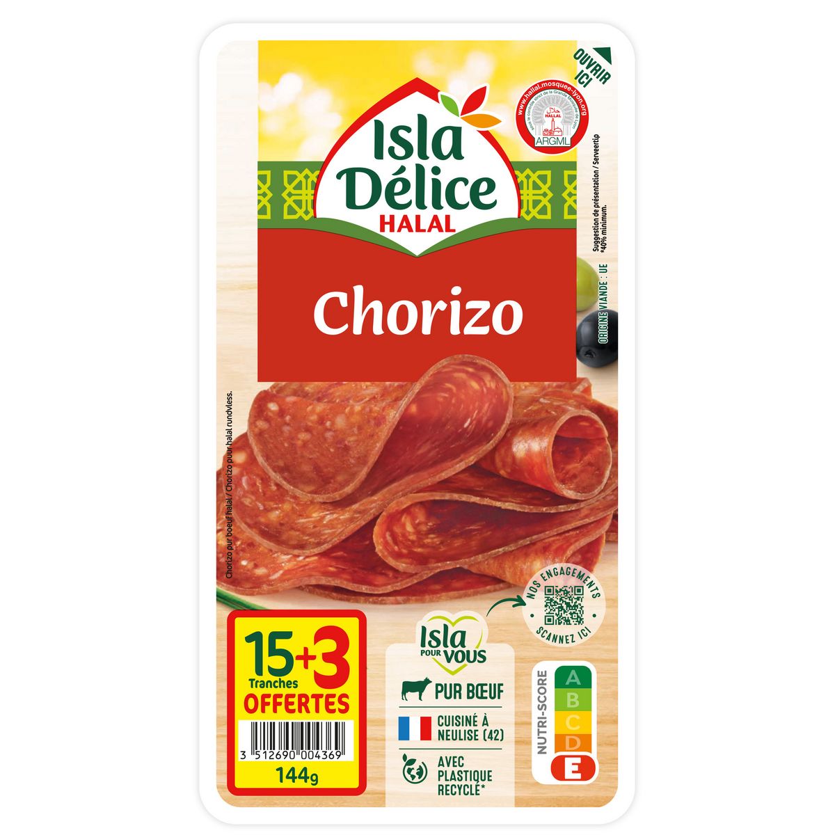 ISLA DELICE Chorizo pur boeuf halal 15 tranches + 3 offertes 144g