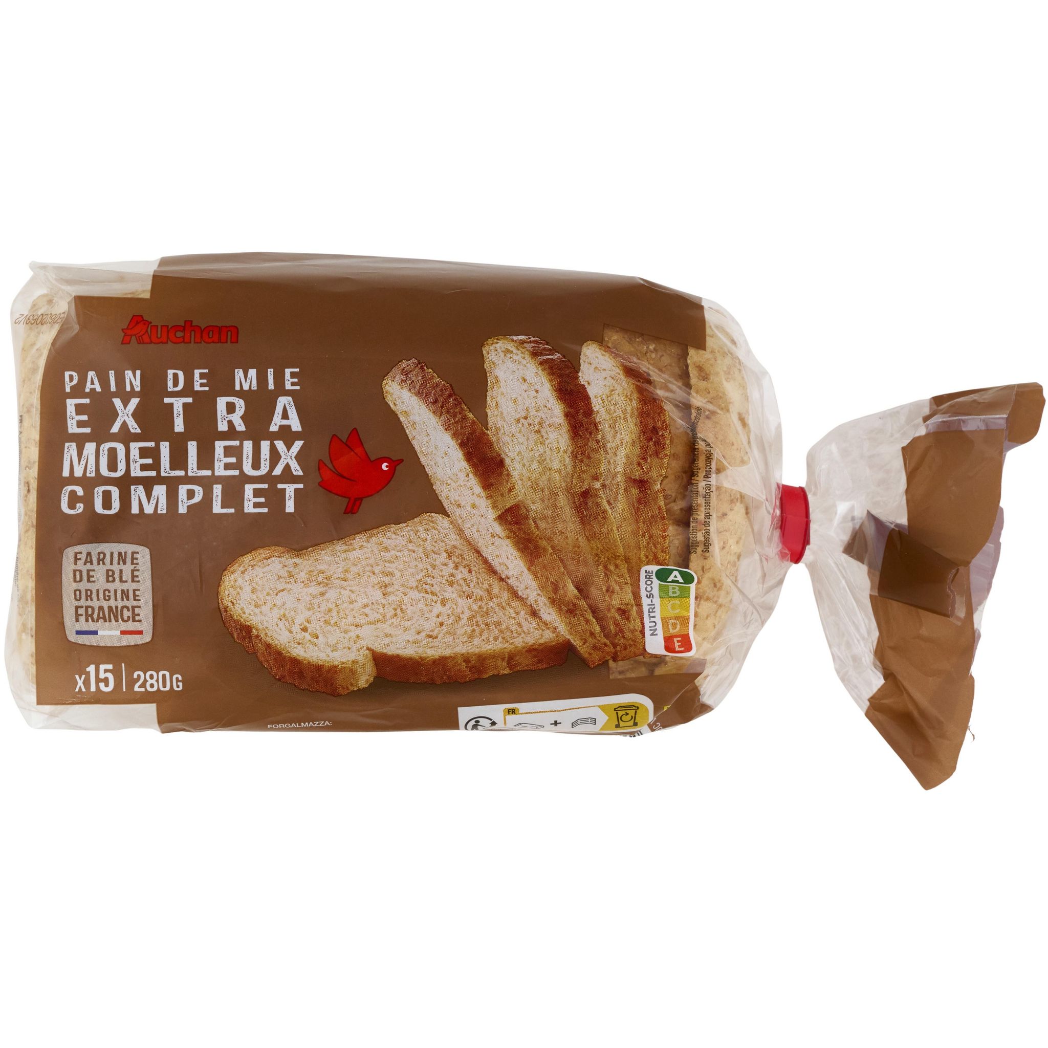 AUCHAN Pain de mie complet avec croûte spécial sandwich 21 tranches 825g  pas cher 