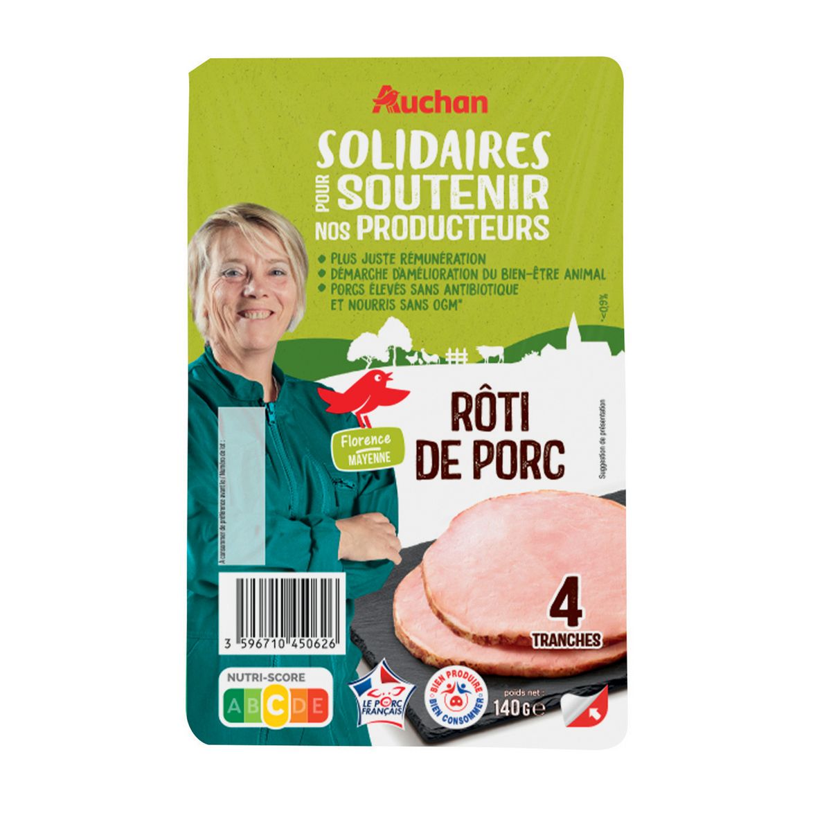 AUCHAN SOLIDAIRES Rôti de porc  4 tranches 140g