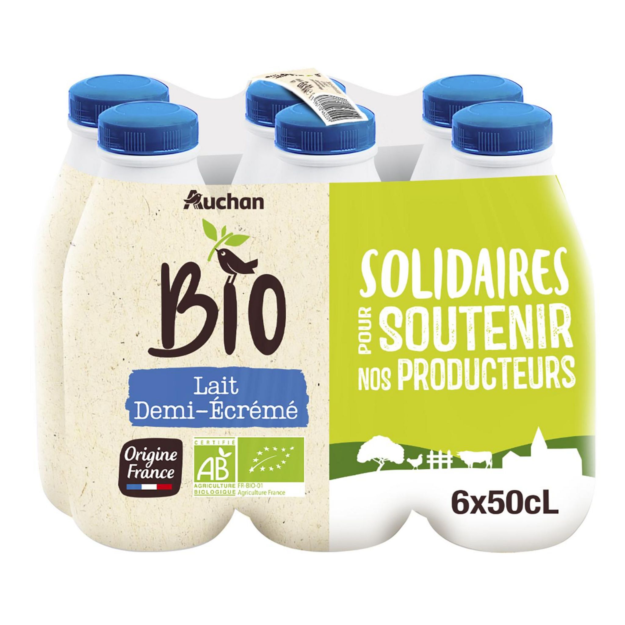 AUCHAN SOLIDAIRES BIO CULTIVONS LE BON Lait demi-écrémé UHT 6x1L pas cher 