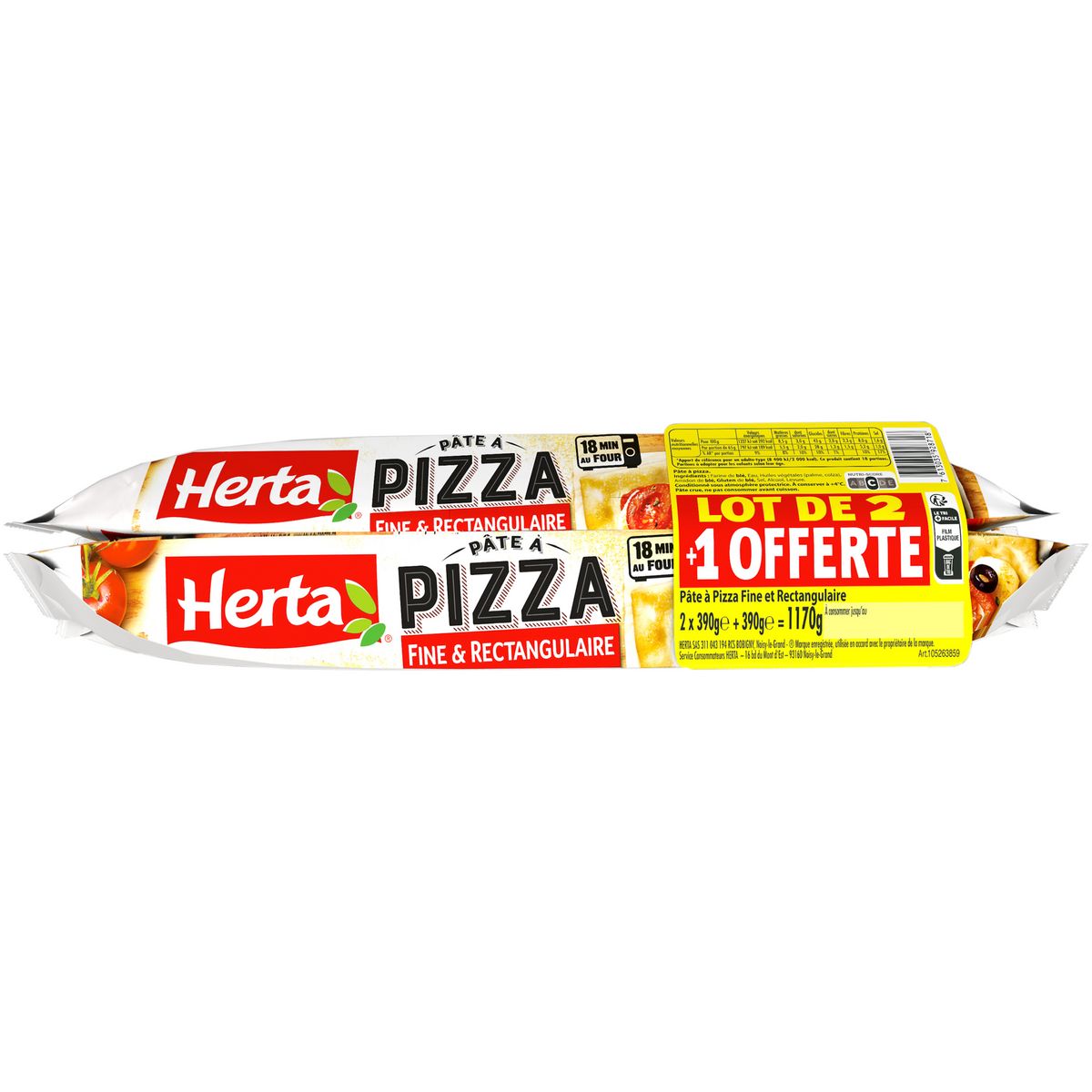 HERTA Pâte à pizza rectangulaire 2x390g +1offerte
