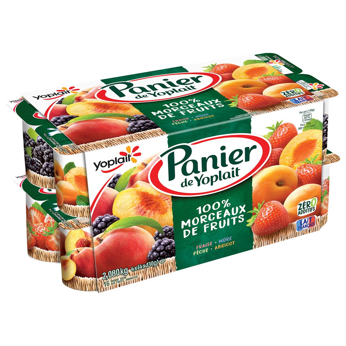 PANIER DE YOPLAIT Yaourt 100% morceaux de fruits fraise cerise pêche abricot 16x130g