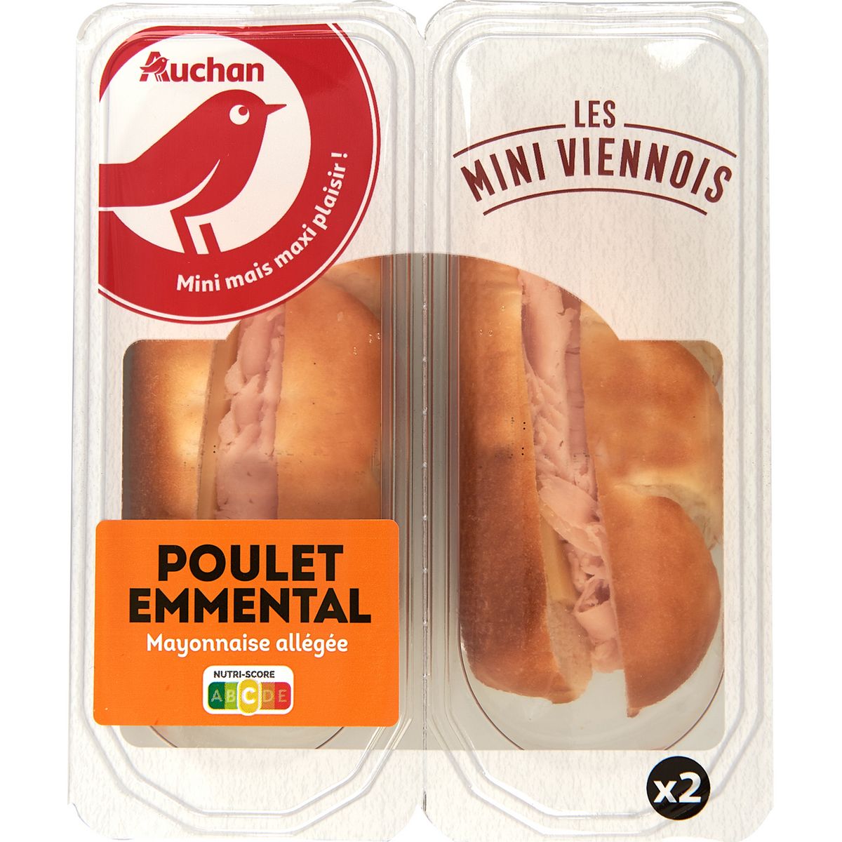 AUCHAN Mini sandwichs Viennois au poulet emmental 2 pièces 130g