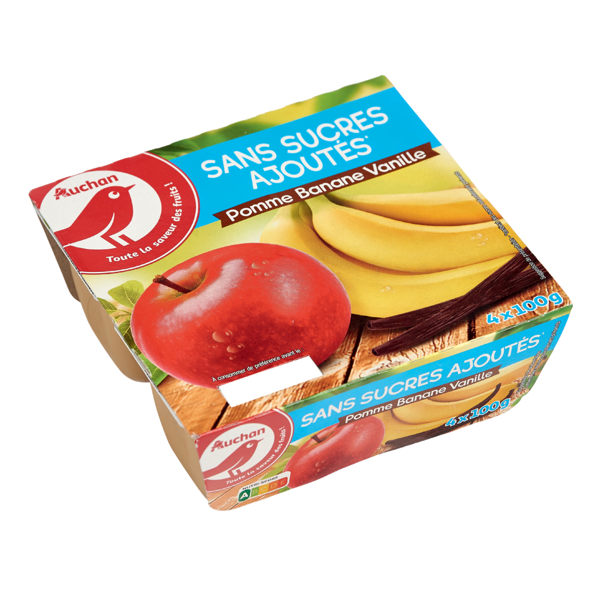 AUCHAN Dessert de fruits pomme banane vanille coupelle sans sucres ajoutés 4x100g