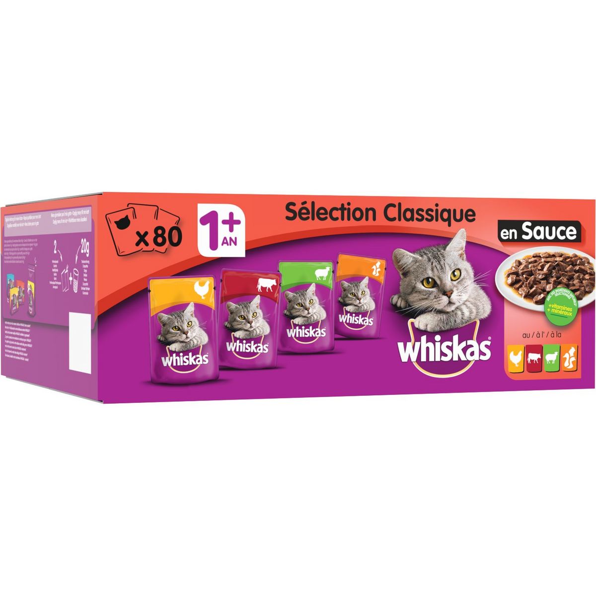 WHISKAS Repas pour Chat - 48 Sachets Fraîcheur (Lot de 2 Packs 24x85g) -  Les Repas Classiques (4 variétés) - Pâtée pour Chat Adulte en Sauce.