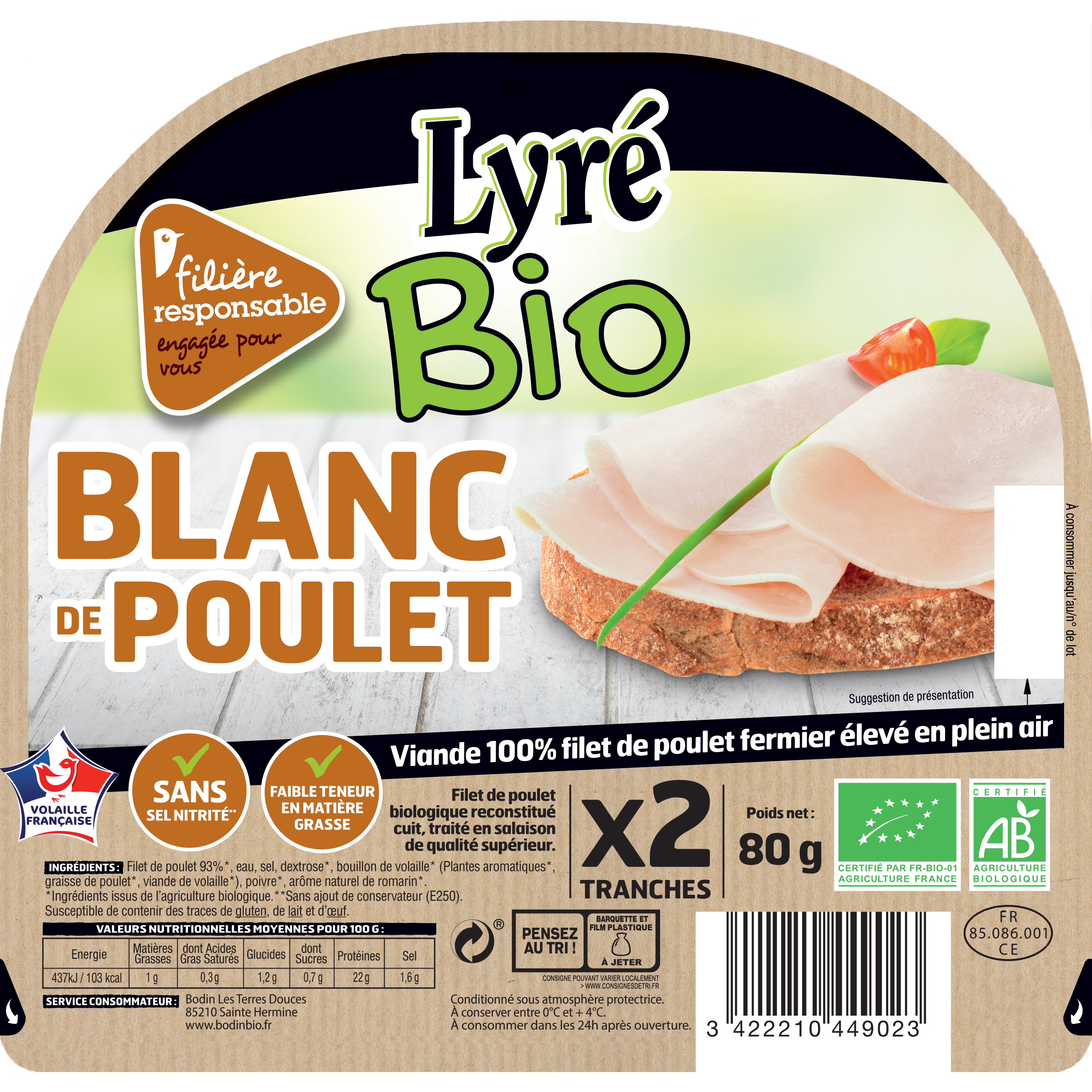 LYRE CULTIVONS LE BON Filets de poulet bio 2 pièces 250g pas cher