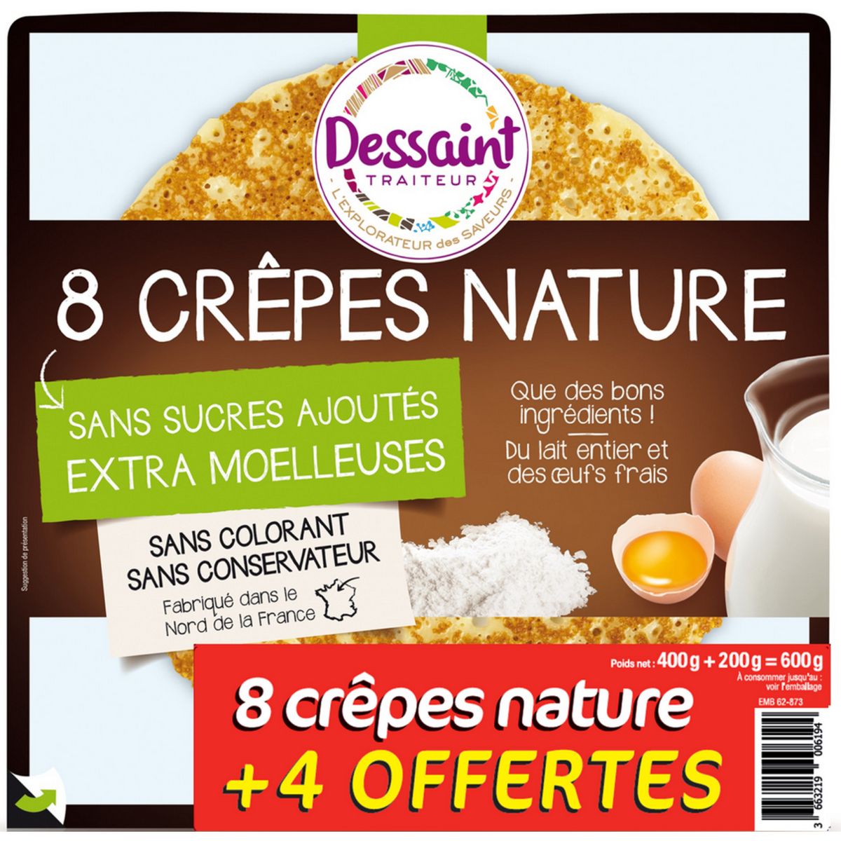 DESSAINT Crêpes nature sans sucre ajouté extra moelleuse 8+4 offertes 600g