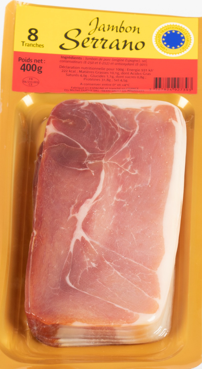 AUCHAN Mini jambon Serrano sans os avec couteau et griffe 900g pas