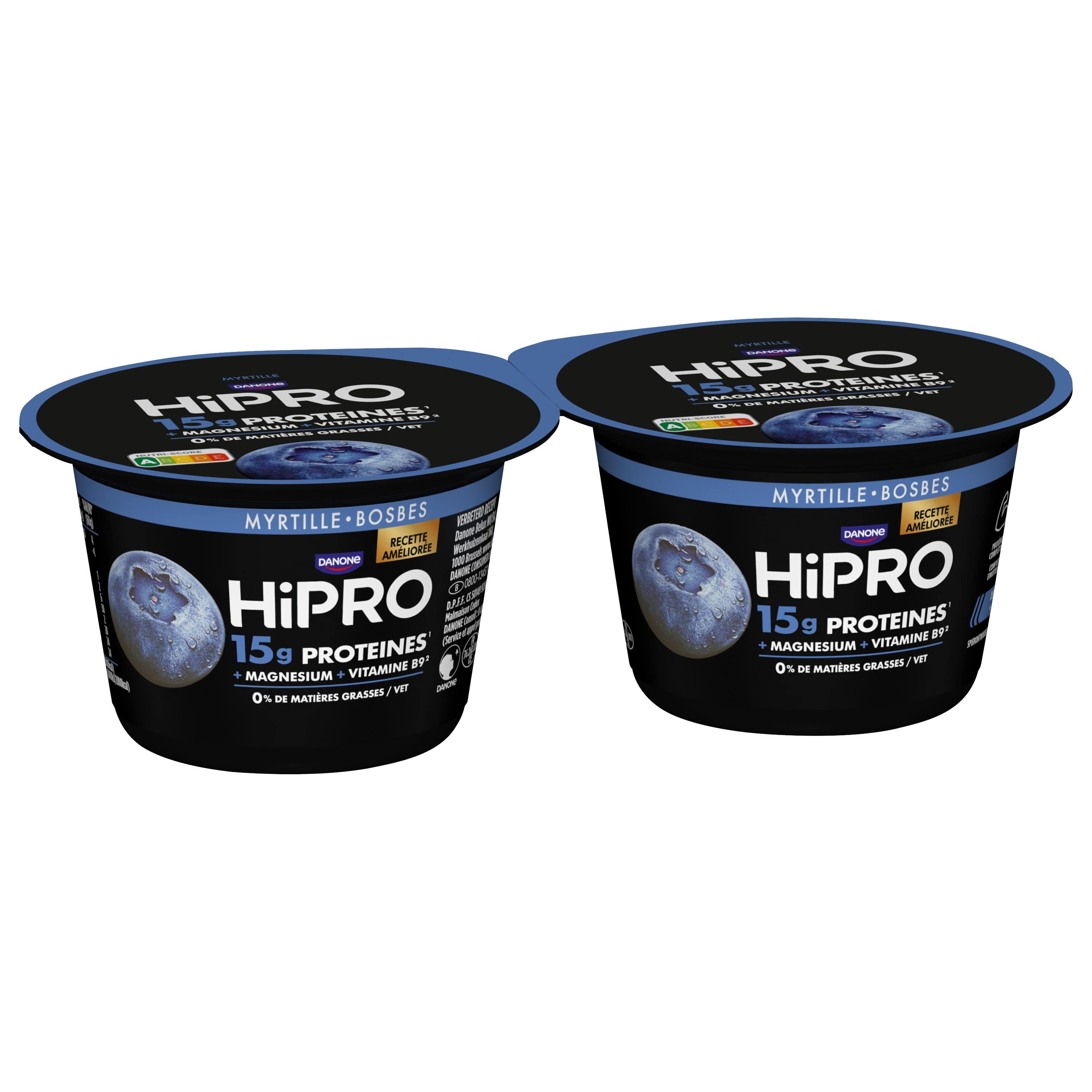 HIPRO Yaourt protéiné saveur myrtille 0% MG 2x160g pas cher 