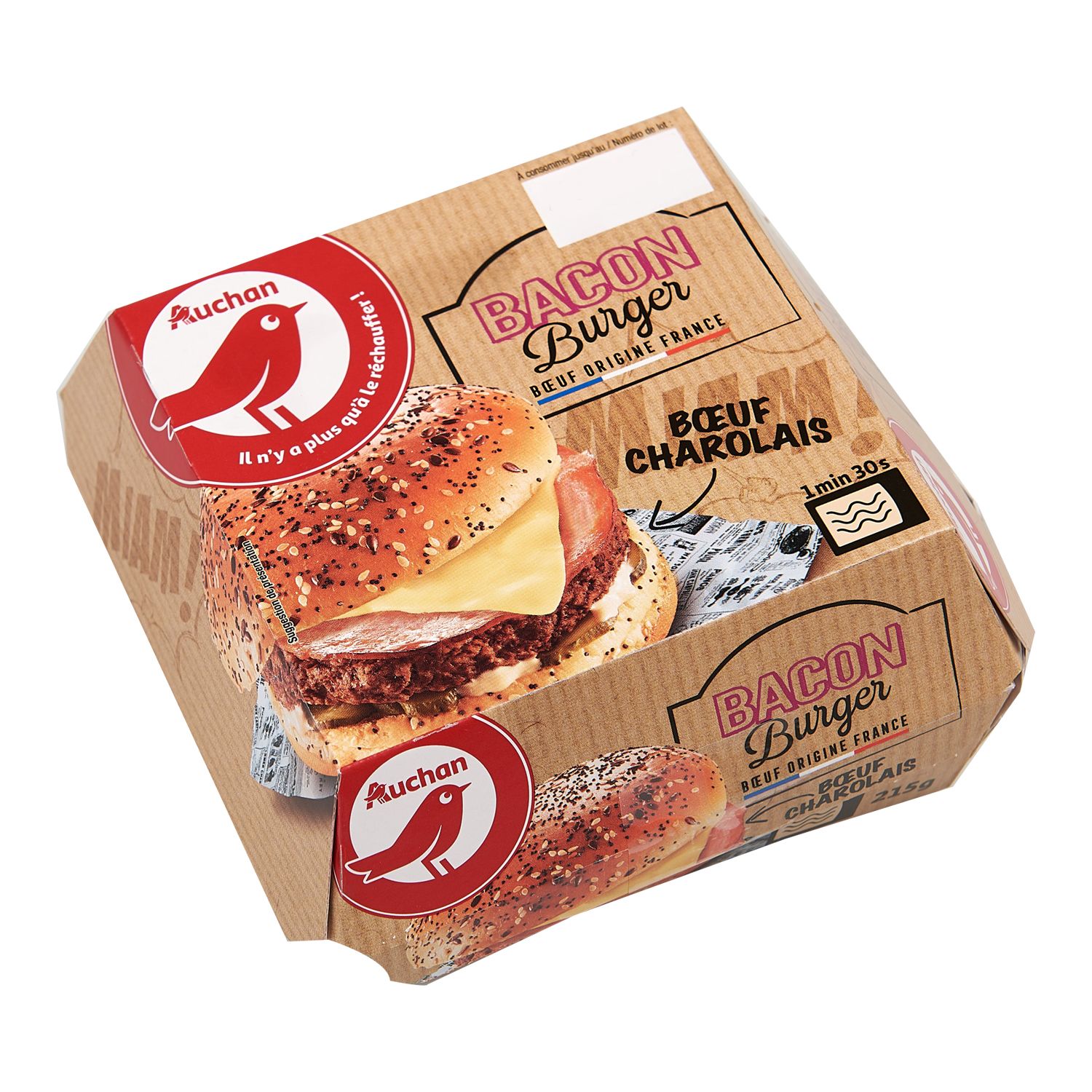 AUCHAN Bacon burger au boeuf charolais 1 pièce 215g pas cher