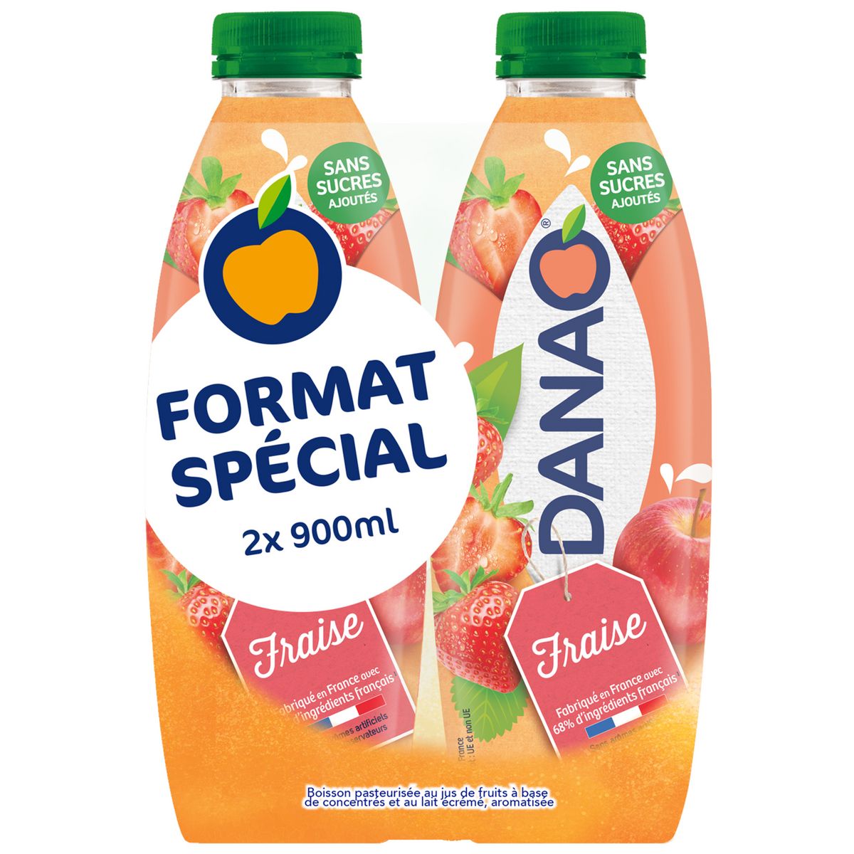 DANAO Boisson au jus de fraise et lait sans sucre ajouté 2x90cl