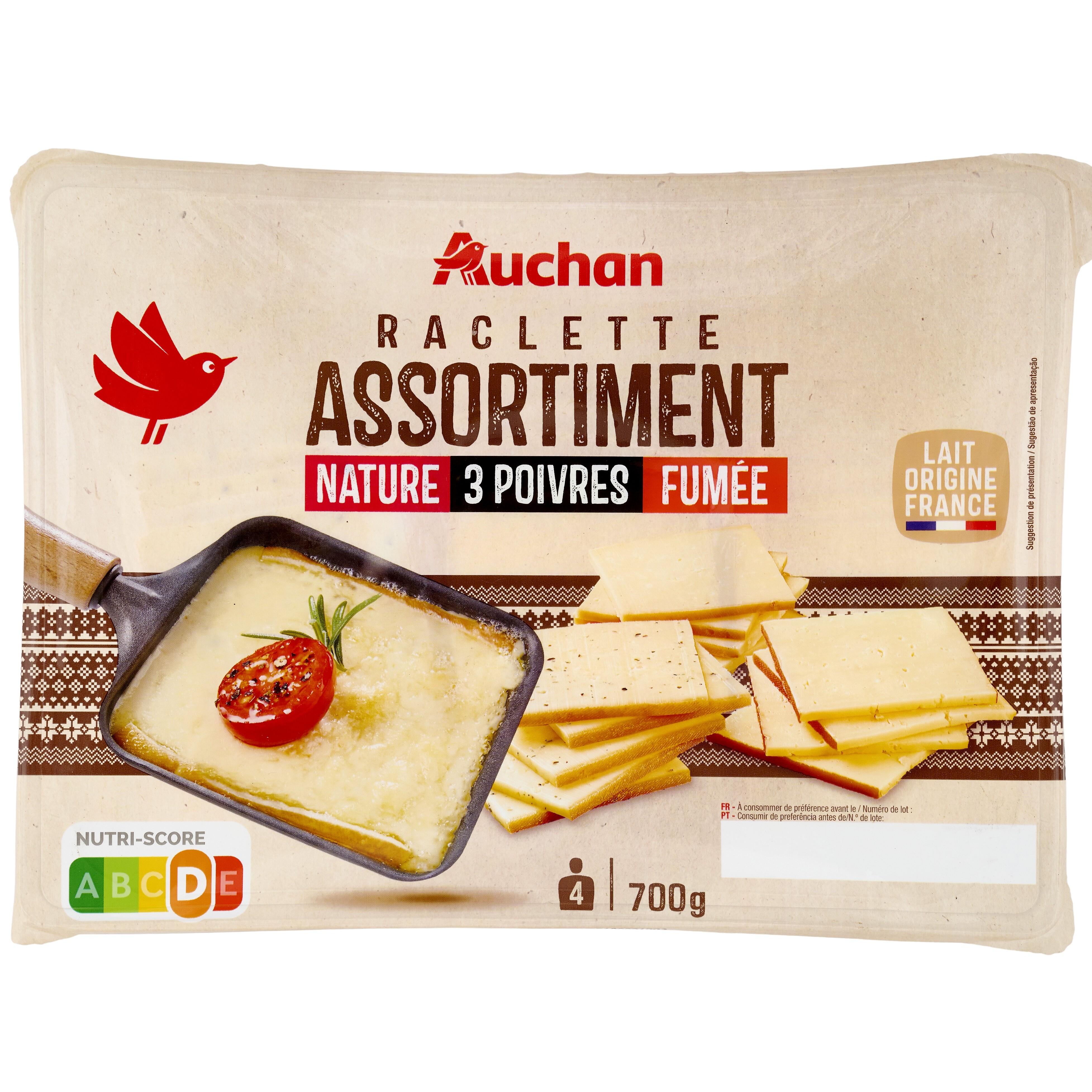 AUCHAN Fromage à raclette trio poivre nature fumé 4/6 Personnes 700g pas  cher 