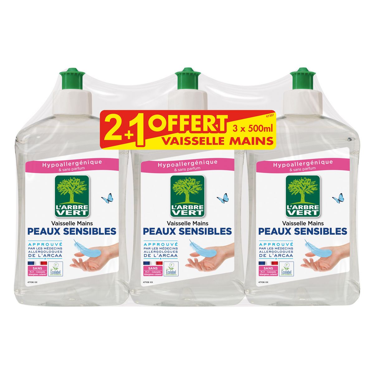 L'ARBRE VERT Liquide vaisselle peaux sensibles 3x500ml dont 1 offert pas  cher 