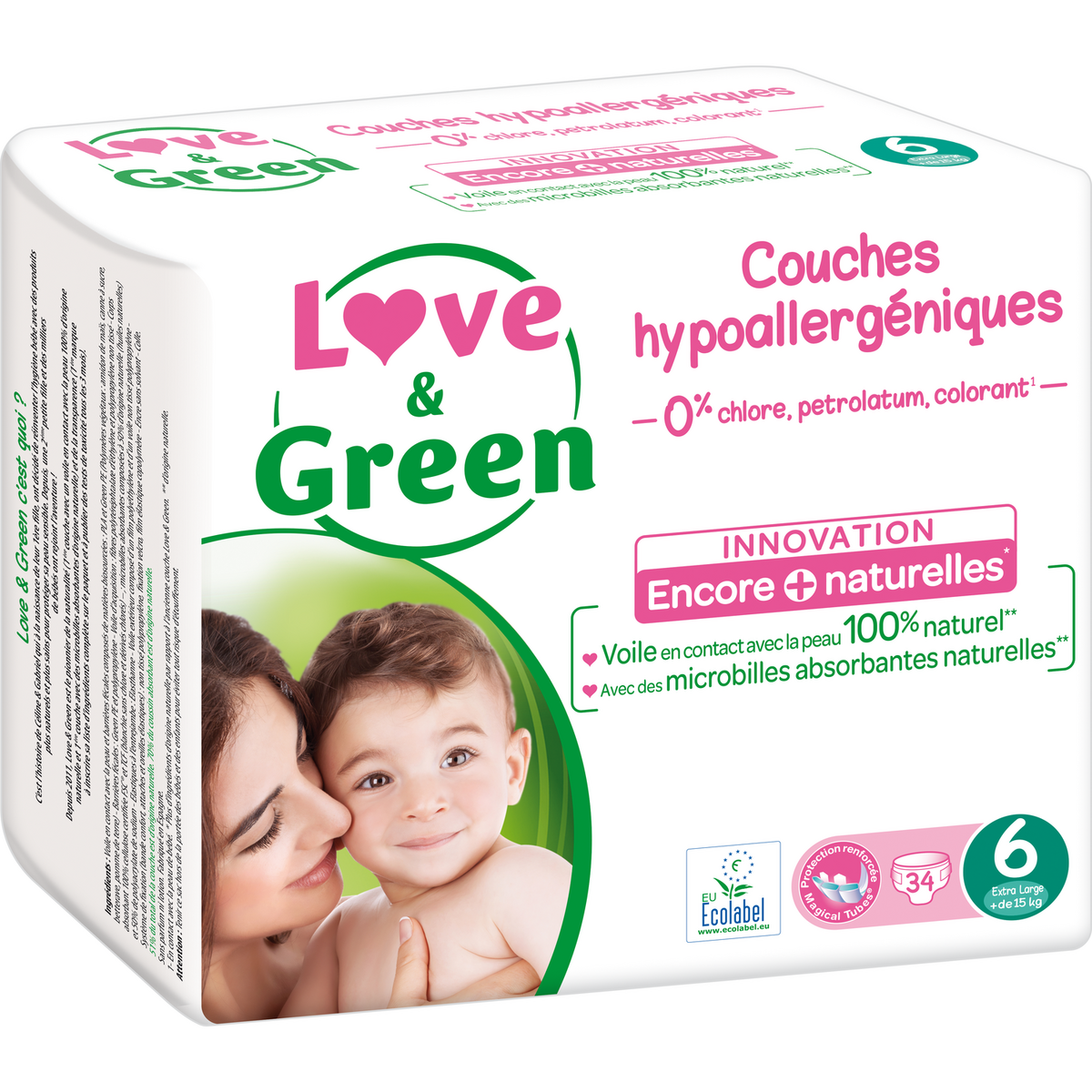 LOVE & GREEN Couches hypoallergénique taille 6 (+15kg) 34 couches pas cher  