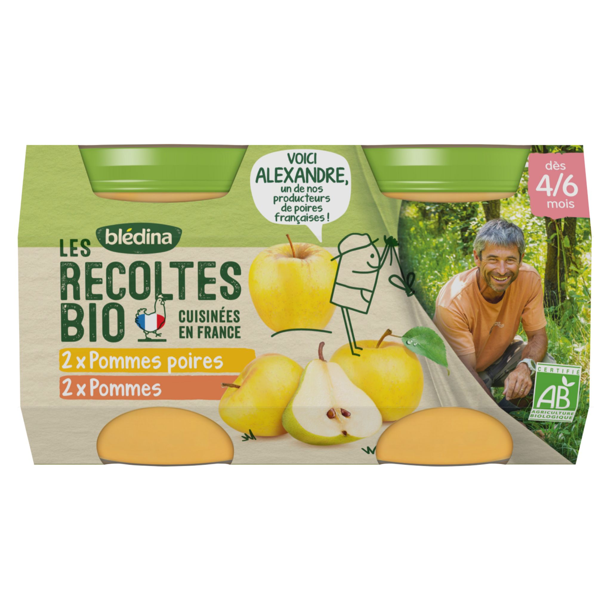 BLEDINA Les récoltes bio petit pot 2 variétés aux fruits bio dès 4 mois 2  pots pommes + 2 pommes poires 4x130g pas cher 