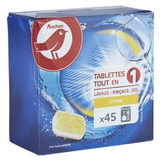 AUCHAN Tablettes lave-vaisselle tout-en-1 lavage rinçage sel citron 45 lavages 45 tablettes