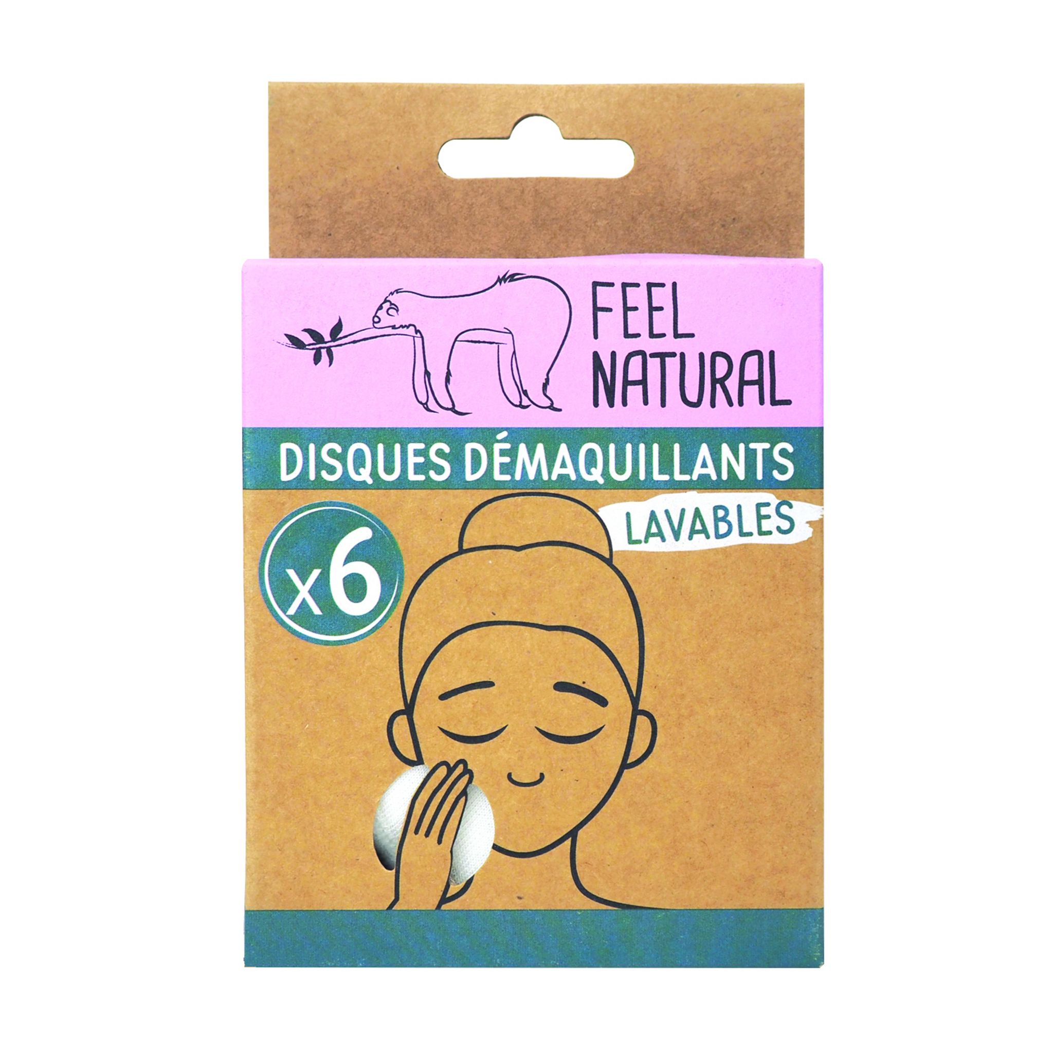 FEEL NATURAL SET DE 6 CARRES DEMAQUILLANTS LAVABLES ET REUTILISABLES AVEC  FILET DE LAVAGE 