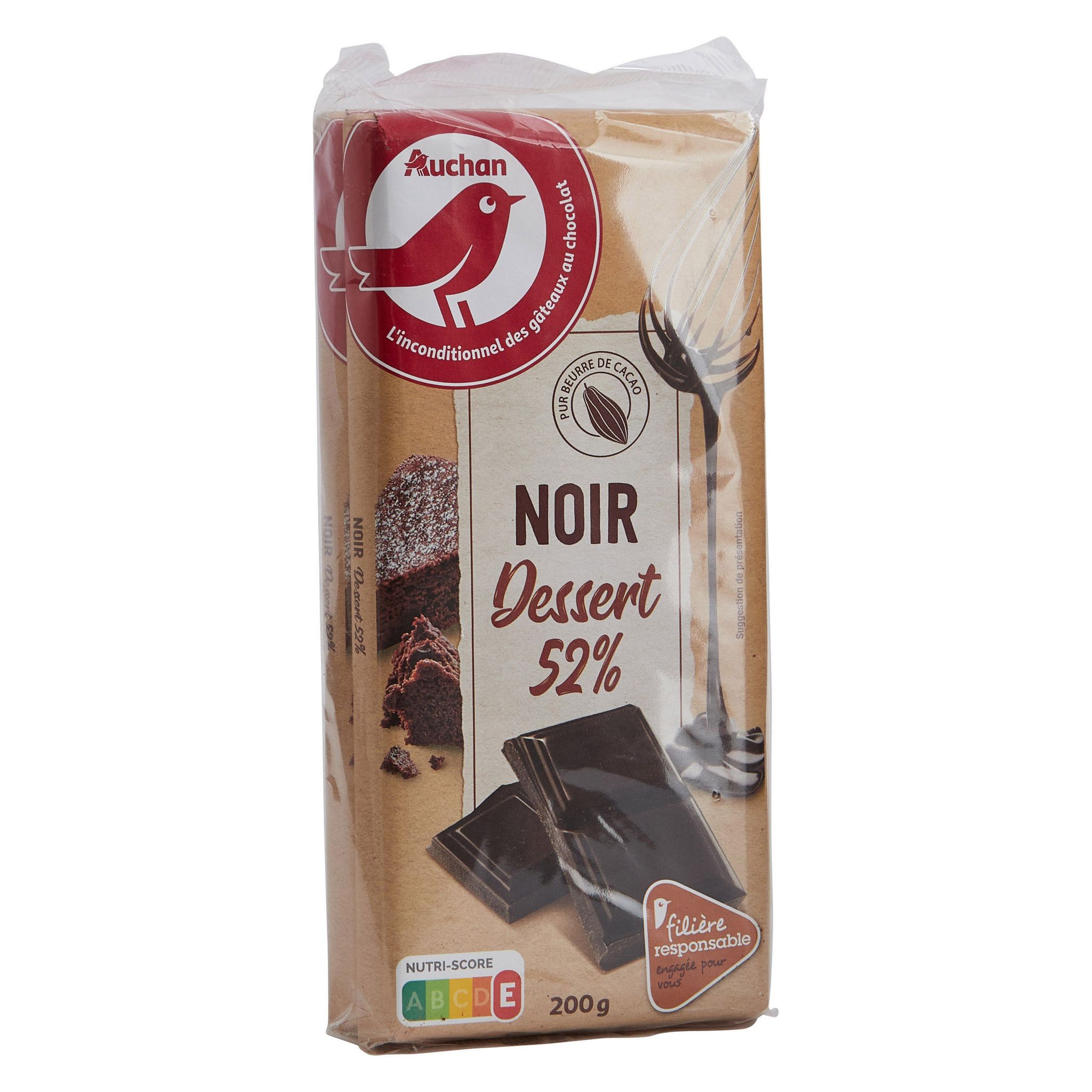 AUCHAN Tablette de chocolat noir pâtissier 52% de cacao Filière