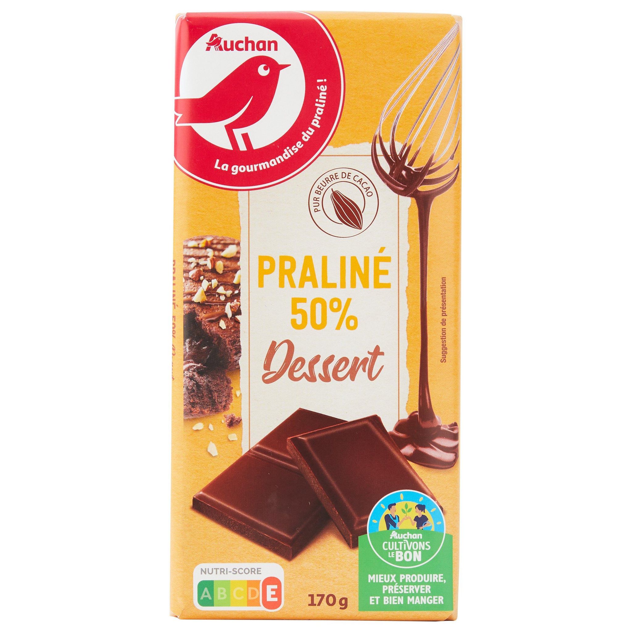 AUCHAN CULTIVONS LE BON Tablette de chocolat pâtissier praliné dessert 1  pièce 170g pas cher 