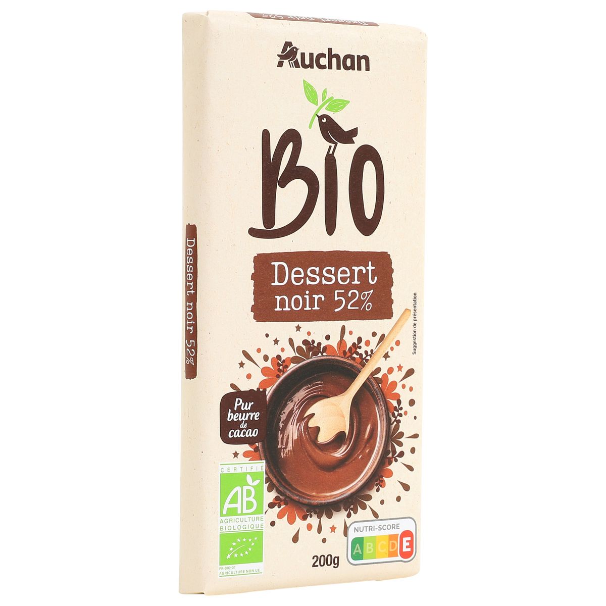 AUCHAN BIO CULTIVONS LE BON Tablette de chocolat noir pâtissier 52%  1 pièce 200g