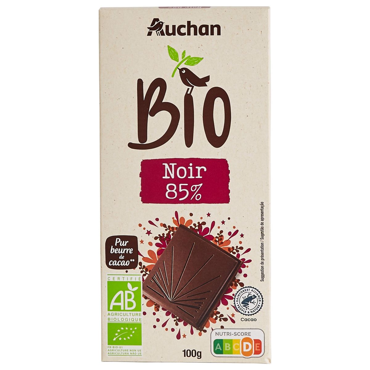 AUCHAN BIO Tablette de chocolat noir 85% 1 pièce 100g pas cher 