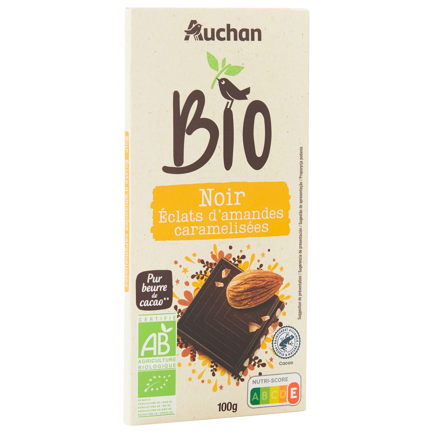AUCHAN BIO Tablette de chocolat noir dégustation avec amandes