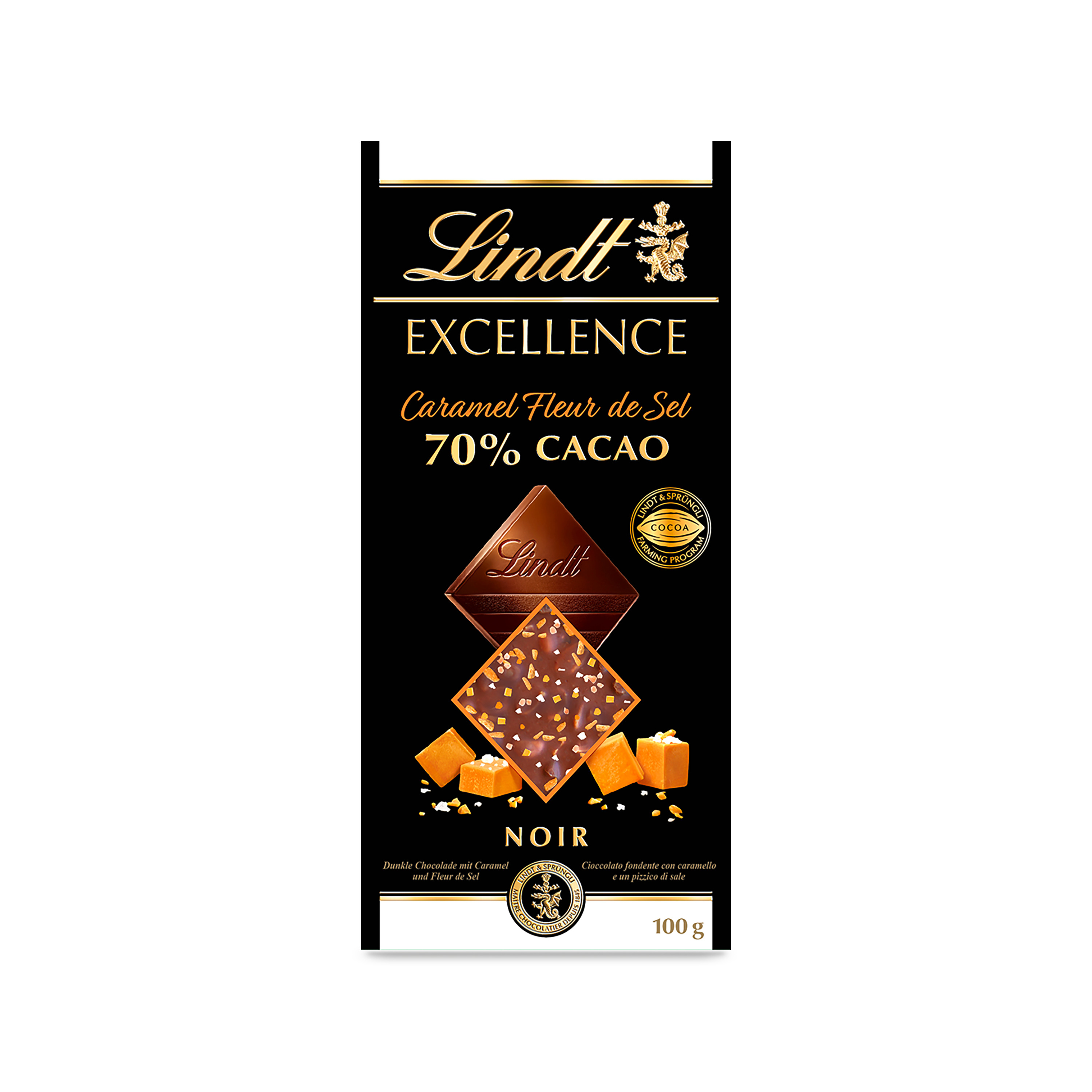 Tablette de Chocolat Excellence Noir Caramel à la pointe de Fleur de Sel  Lindt 100 grs - Drive Z'eclerc