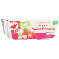 AUCHAN BABY BIO Petit pot dessert pomme fraise banane bio dès 4 mois 4x100g