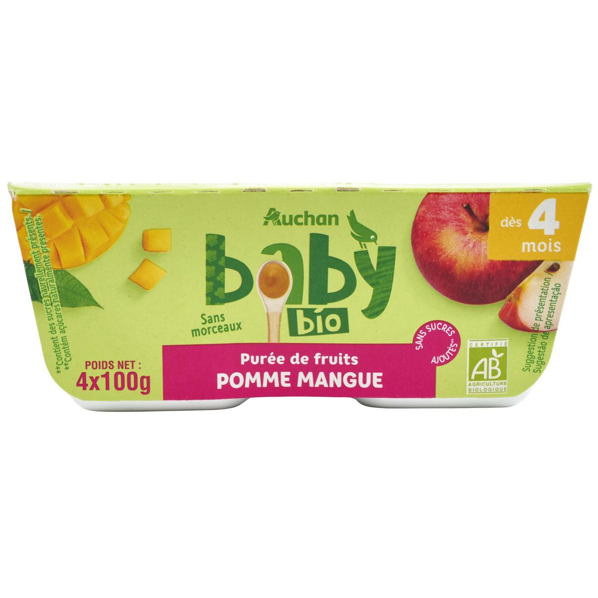 AUCHAN BABY BIO Petit pot dessert pomme mangue dès 4 mois 4x100g