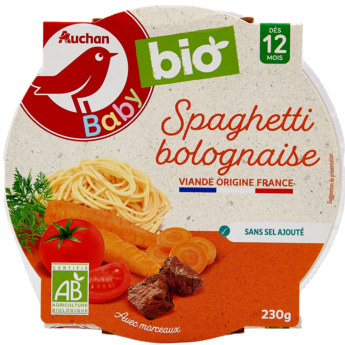 AUCHAN BABY BIO Assiette spaghetti bolognaise dès 12 mois 230g