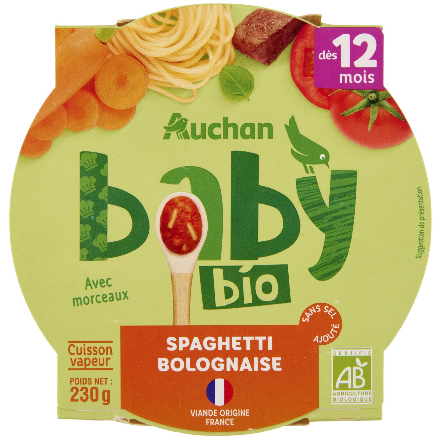 AUCHAN BABY BIO Assiette spaghetti bolognaise dès 12 mois 230g pas