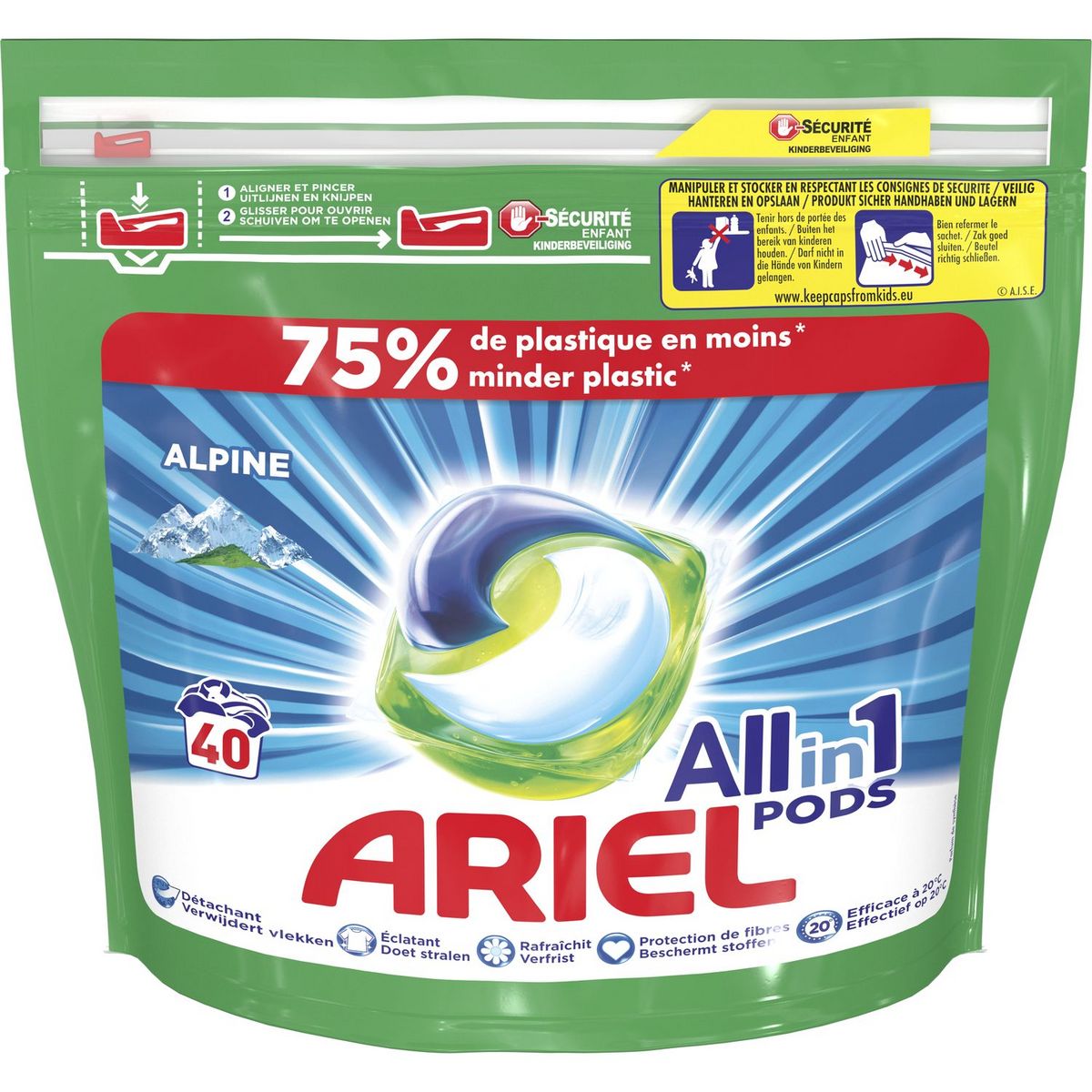 ARIEL Pods Lessive capsules tout en 1 fraîcheur alpine 40 capsules