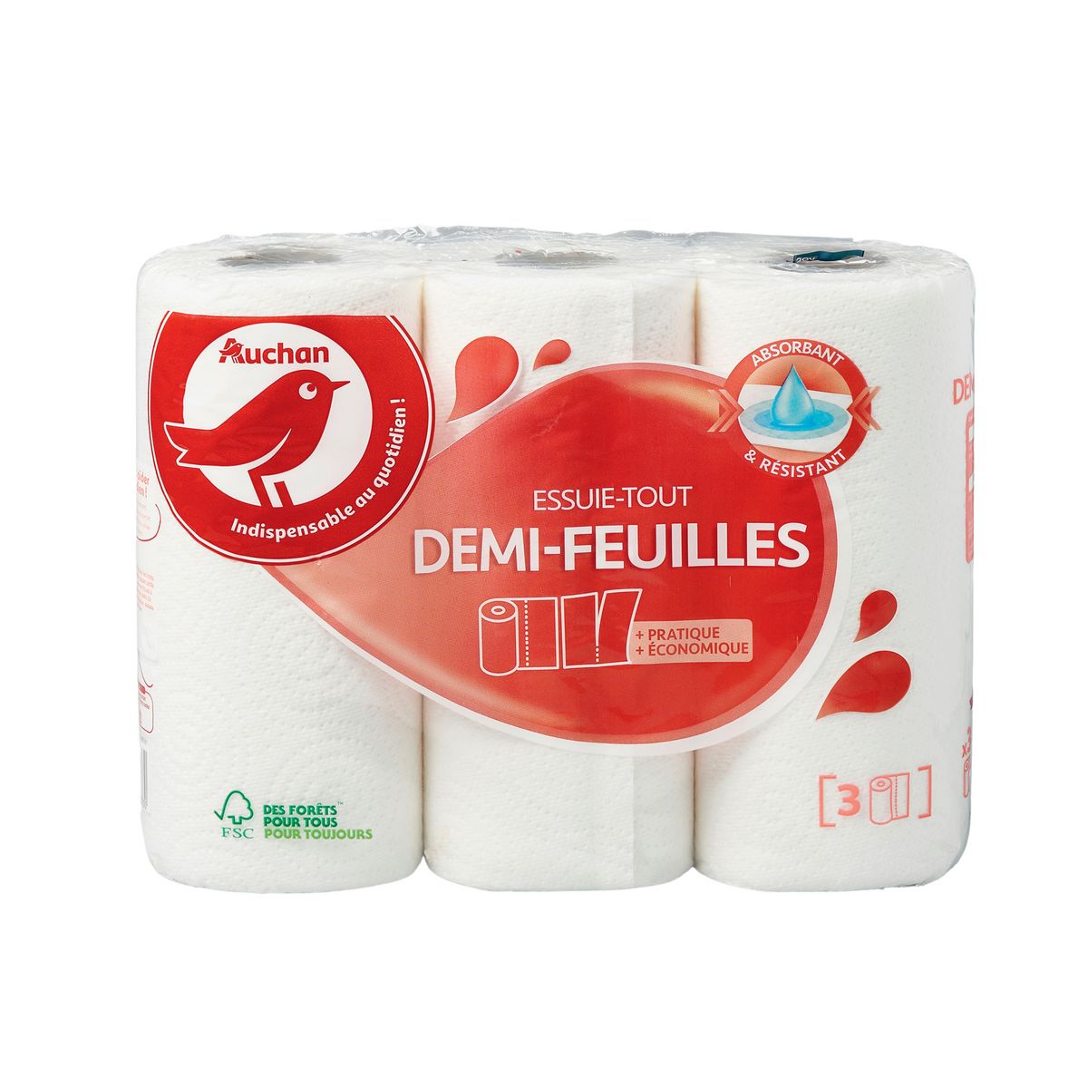 AUCHAN Essuie-Tout demi-feuilles 3 rouleaux pas cher 