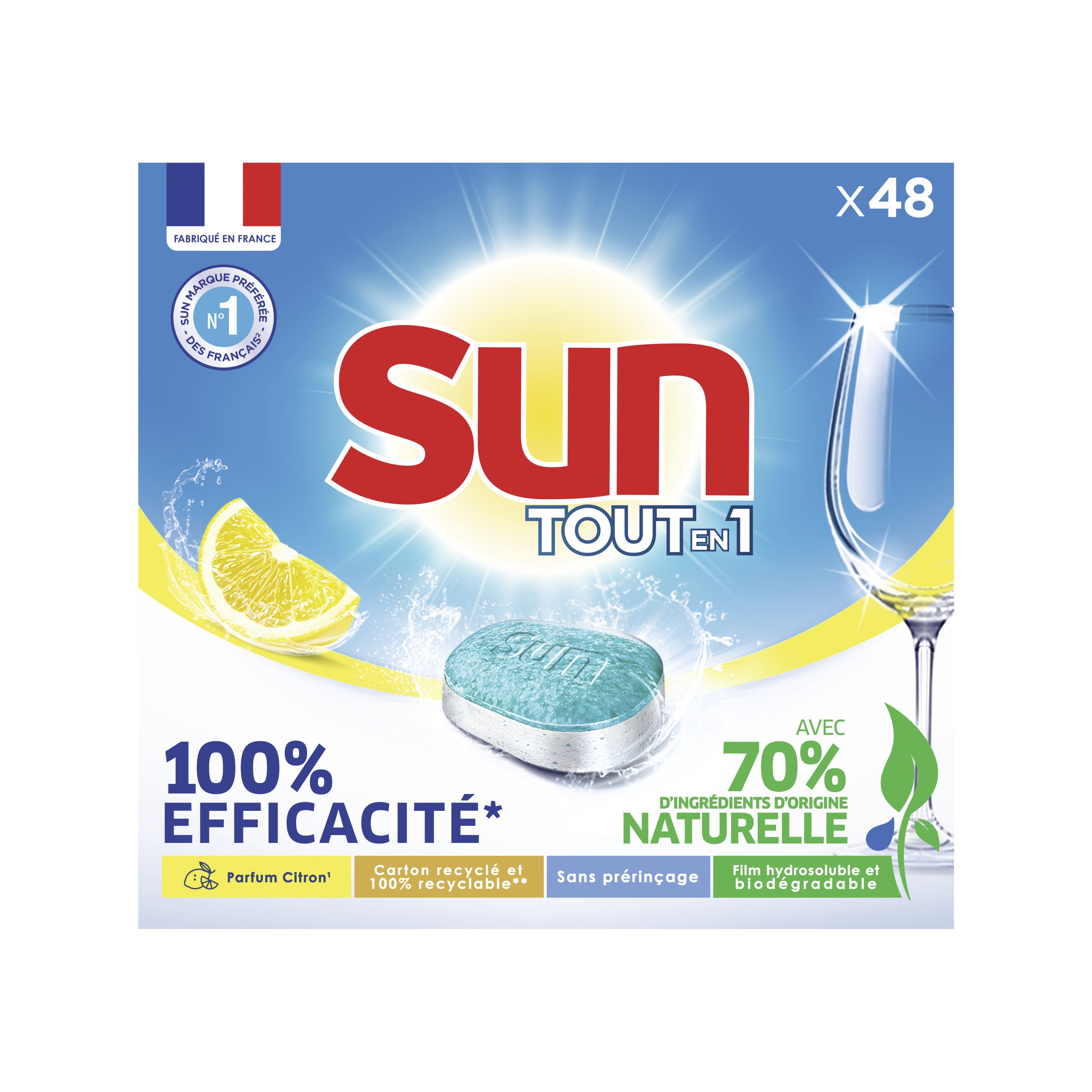 SUN Tablettes lave-vaisselle tout en 1 citron Ecolabel 48 Tablettes pas  cher 