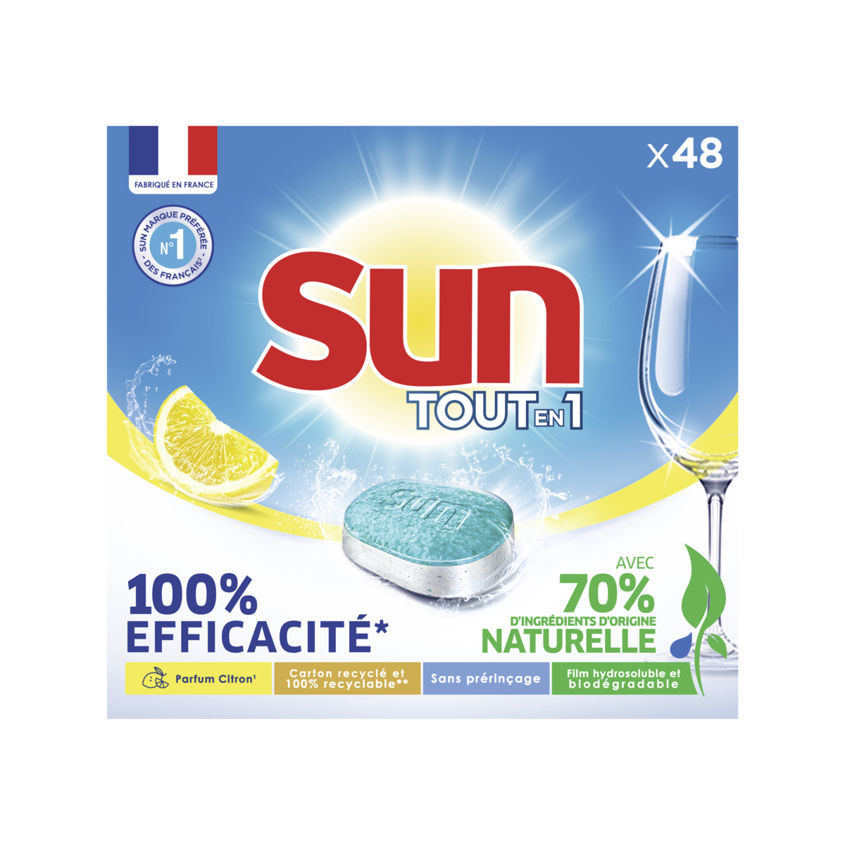 SUN Tablettes lave-vaisselle tout en 1 citron Ecolabel 48 Tablettes